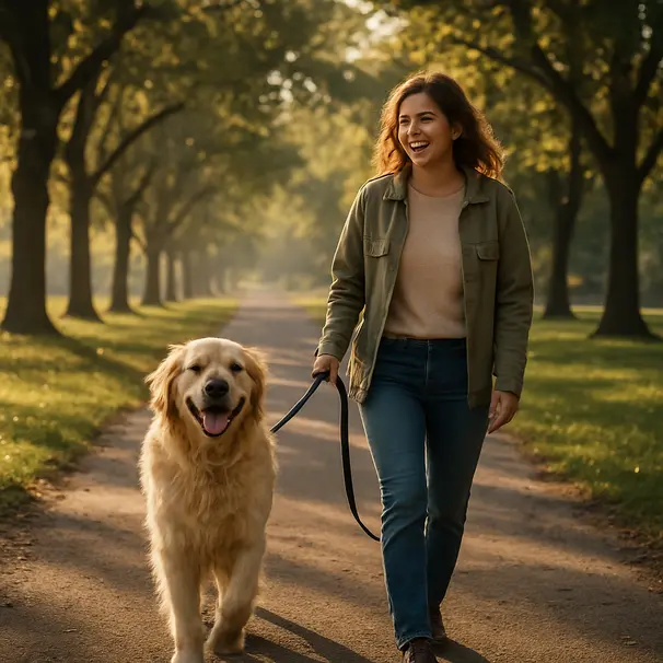 Un golden retriever che cammina con il proprietario in un parco al mattino, alberi e luce soffusa, percorso erboso