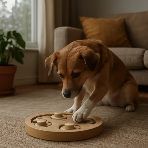 Piccolo cane che gioca con un puzzle alimentare sul tappeto di un salotto durante una giornata di pioggia, luce morbida dalla finestra