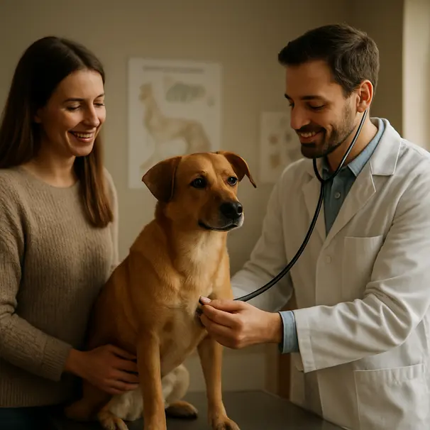 Veterinarian gently examining a medium-sized mixed-breed dog on an exam table with the owner nearby in a warm clinic room