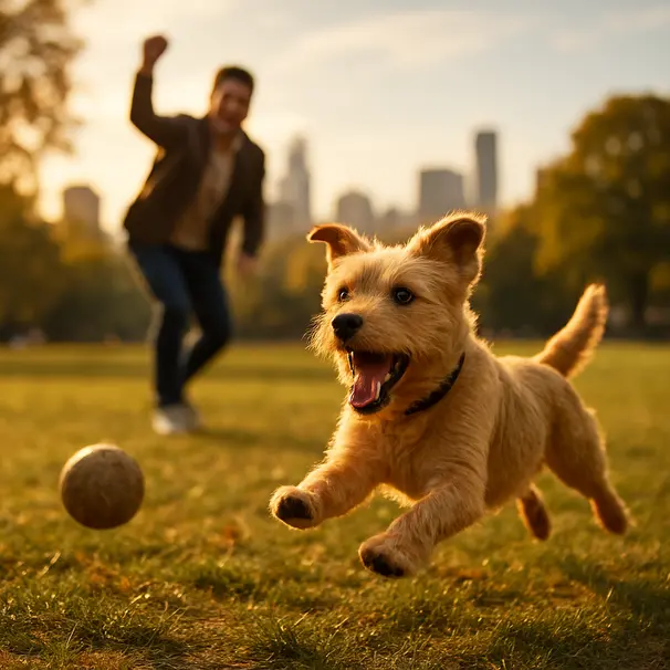 Terrier leaping to catch a ball in a sunny city park during late afternoon with a dog walker in the background