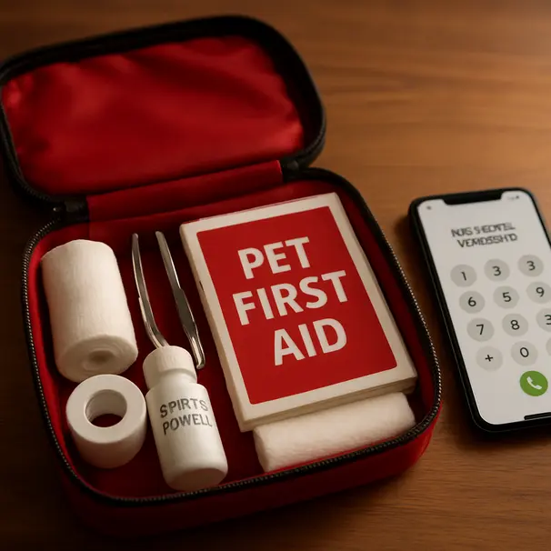 Open pet first aid kit on a wooden table with gauze, bandage tape, tweezers, styptic powder, manual, and phone showing emergency contacts