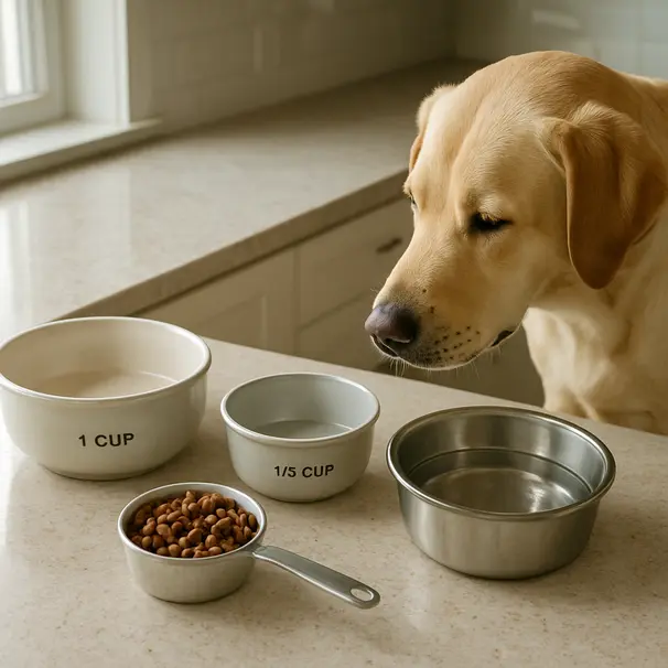 Kitchen counter with measured dog food portions, labeled bowls, fresh water, and a Labrador sniffing in bright morning light