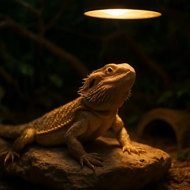 Ein Bartagame liegt unter einer Wärmequelle auf einem Felsen im naturnah eingerichteten Terrarium, Kletteräste sichtbar.