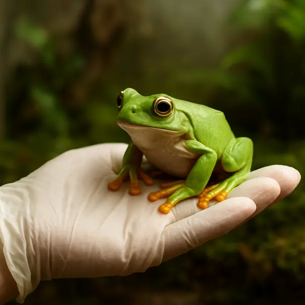 Ein Baumfrosch sitzt ruhig auf der behandschuhten Hand eines Pflegers vor einem verschwommenen, moosigen Terrariumhintergrund.