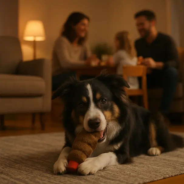 Border-collie mix chewing a stuffed Kong toy on a rug while family eats at a nearby table in the background