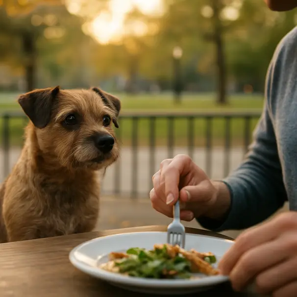 Small terrier sitting near a person eating at an outdoor table in a park, watching intently, afternoon light