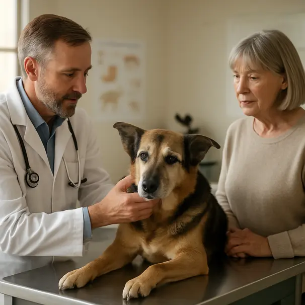 Senior shepherd-mix on a veterinary exam table being gently examined by a vet with owner present, clinic environment