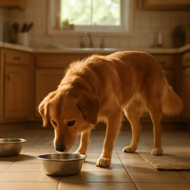 Golden-retriever mix dog in a sunny kitchen sniffing an empty food bowl, morning light, indoor home scene