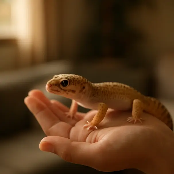 Person som holder en leopardgekko i hånden, rolig ettermiddagslys i bakgrunnen, geckoen virker avslappet og nysgjerrig