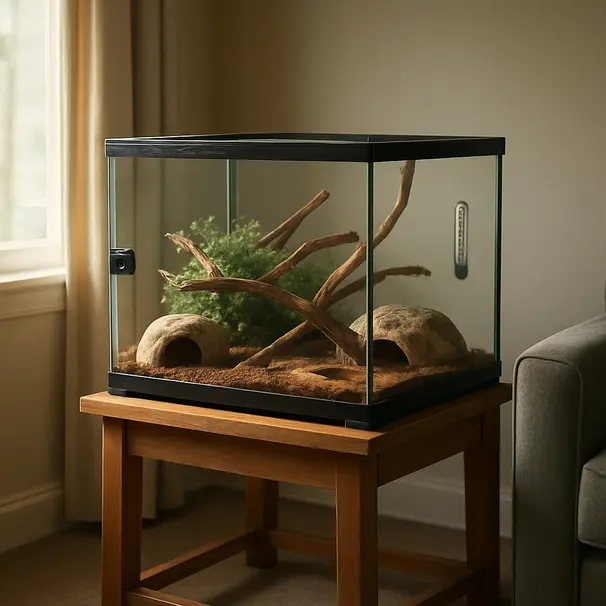 Et glassterrarium i et rolig hjørne av stuen, synlig termometer og låsemekanisme, inneholdende trygge skjul og klatretubber