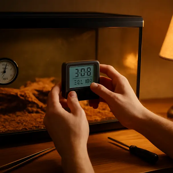 Nærbilde av hender som justerer en digital termostat for et terrarium, synlig hygrometer og termometer, varm lampeglød
