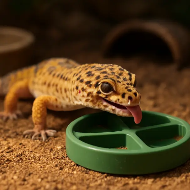 Leopardgecko verwendet Futtersuchspiel im Terrarium, Nahaufnahme von Kopf und Umgebung