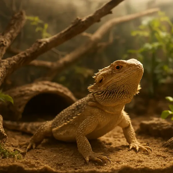 Bartagame in einem gut eingerichteten Terrarium beim Klettern auf Ästen, warmes Licht