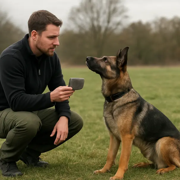 German Shepherd and trainer on a grassy field practicing scent tracking, trainer holding scent pad, focused dog responding in an outdoor training session