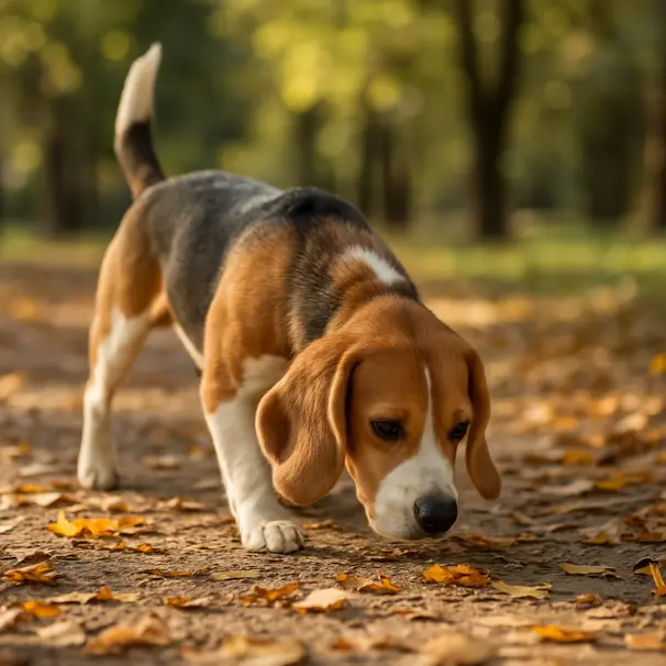 Beagle walking on a leafy park path, nose close to the ground, exploring scents among fallen leaves in morning light