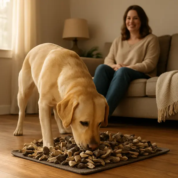 Labrador Retriever sniffing a snuffle mat in a cozy living room, owner nearby, sunlight through a window creating warm indoor mood