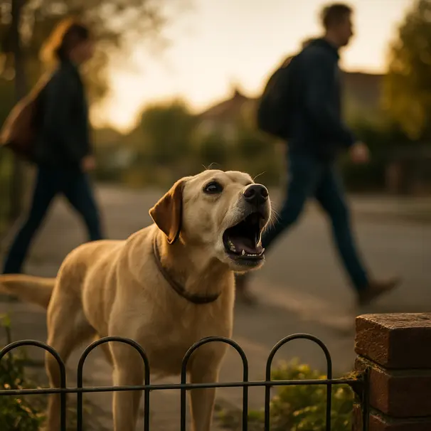 Cane di taglia media dietro una recinzione che abbaia verso passanti su una strada suburbana al tramonto