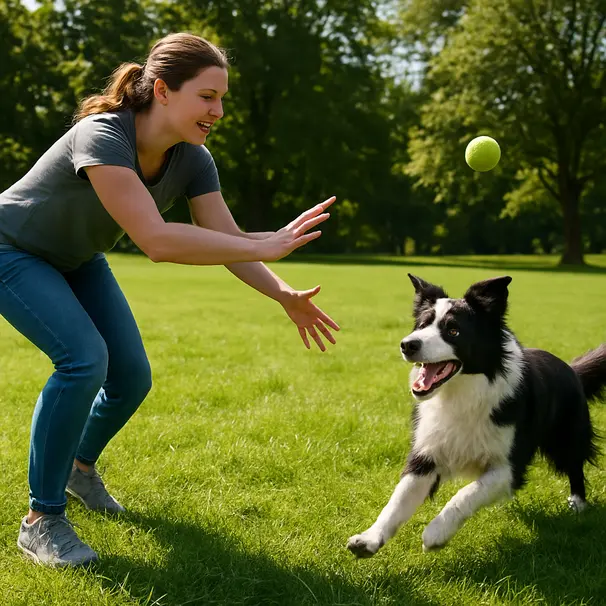 Dog walker al parco che lancia un gioco per un Border Collie che corre e recupera, scena dinamica e soleggiata