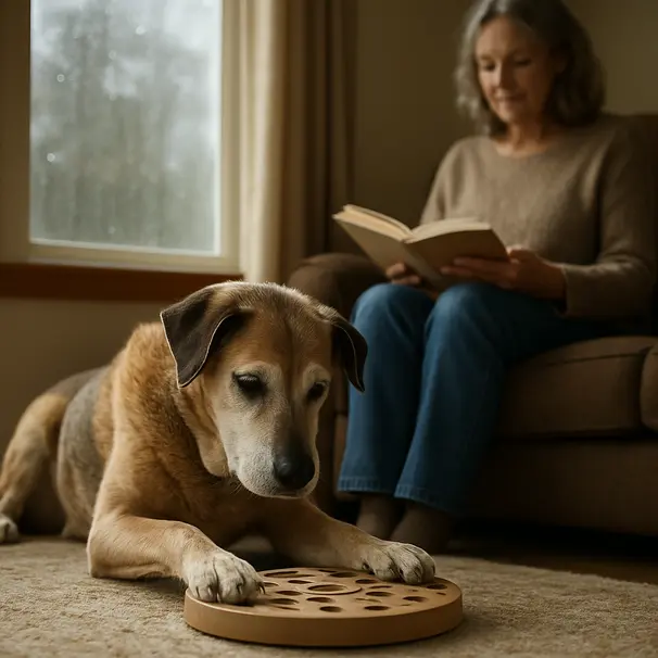 Cane anziano che risolve un giocattolo puzzle in casa durante una giornata piovosa, con un pet sitter accanto