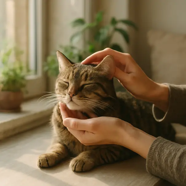 Owner gently checking a relaxed cat on a sunny windowsill in a cozy living room, focusing on hands and the cat's face