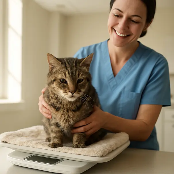 Senior tabby cat being gently weighed on a scale at a bright veterinary clinic with a smiling vet tech and soft bedding on the scale
