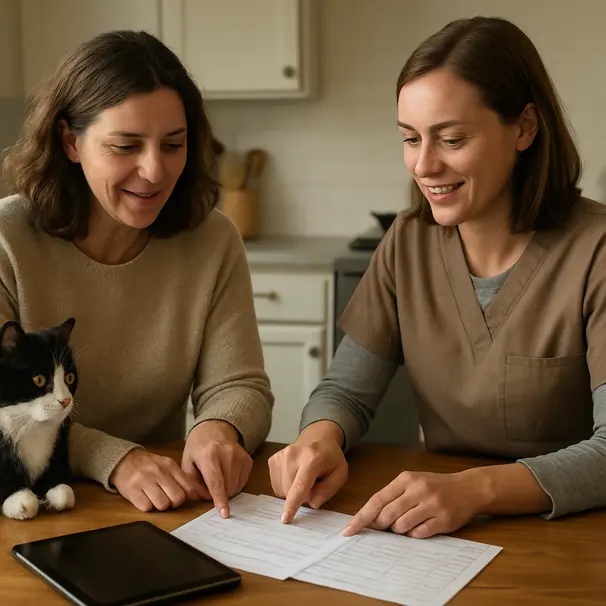 Owner and pet carer reviewing a cat's health records at a kitchen table with the cat sitting nearby in a cozy home environment