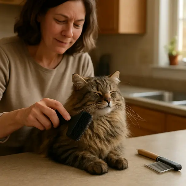 Caregiver brushing a long-haired cat on a kitchen counter with grooming tools visible in a warm kitchen setting