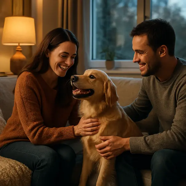 Eier og pet carer gjenforent hjemme i stua ved skumring, lykkelig hund på sofaen, koselig stemning.