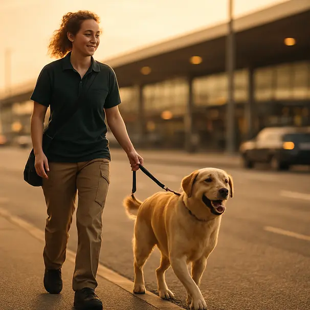 Pet carer går tur med stor hund på vei til flyplassen i gyldent kveldslys, bybakgrunn.