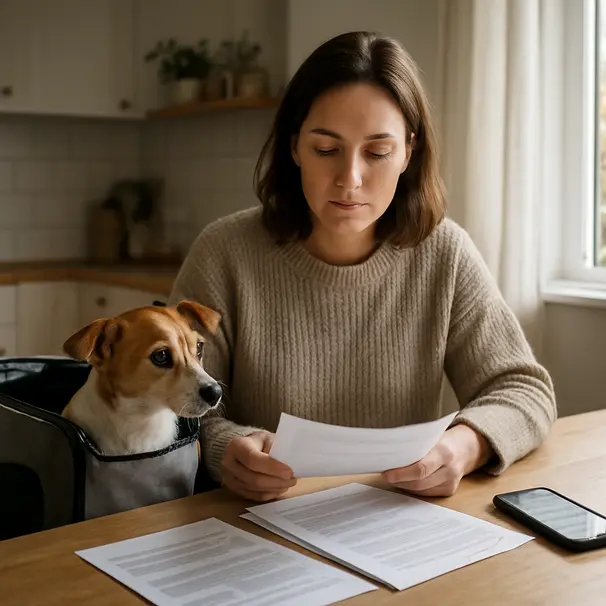 En pet carer sjekker reisedokumenter ved kjøkkenbordet, liten hund i transportveske, dagslys.