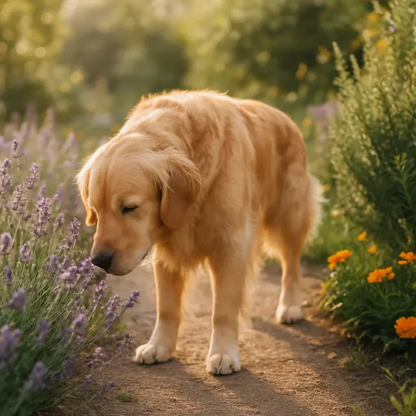 Golden retriever sniffing lavender along a sunny garden path bordered by rosemary and marigolds