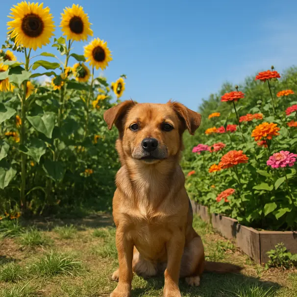 Small mixed-breed dog sitting beside sunflowers and zinnias in a backyard garden bed on a sunny day