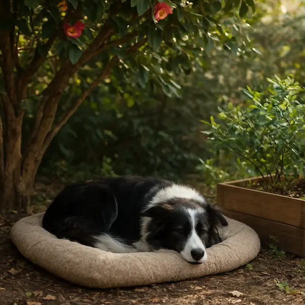 Border collie resting in a shaded garden nook under a camellia shrub beside a raised planter of blueberries