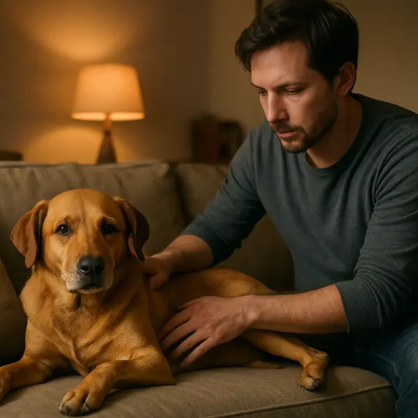 Labrador mix on a sofa with owner checking dog's abdomen gently in a calm living room, evening lighting