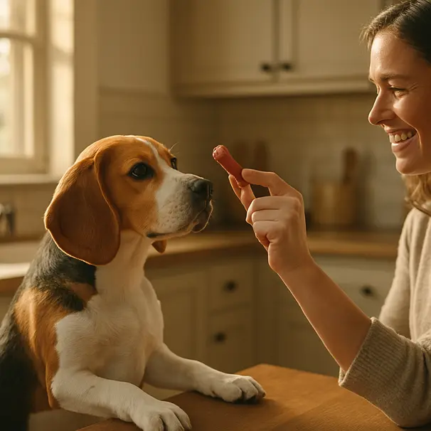 Beagle in a bright kitchen being offered a tiny piece of plain cooked turkey sausage by an owner, close-up of dog sniffing food