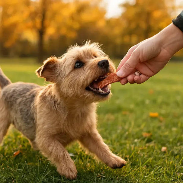 Small terrier in a park at golden hour accepting a homemade lean meat treat from a caregiver, joyful outdoor setting