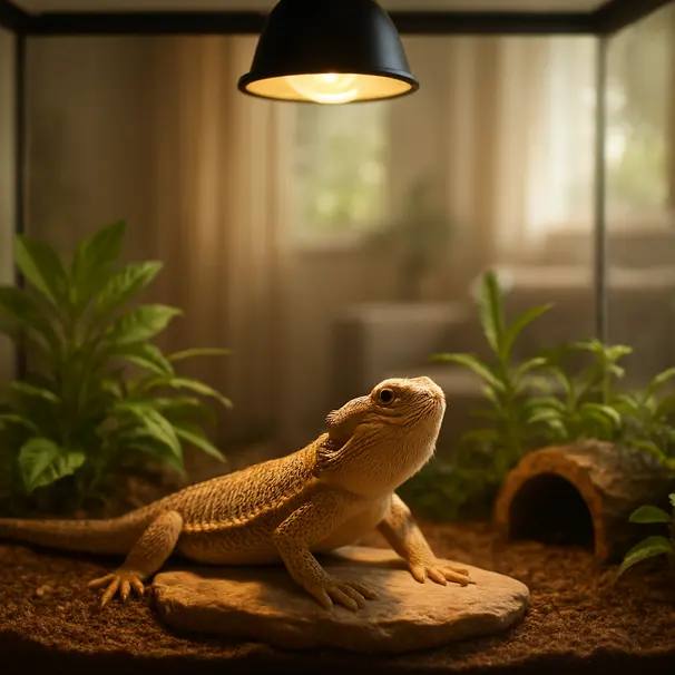 Un terrarium lumineux dans un salon, avec un pogona (dragon barbu) explorant les aménagements.
