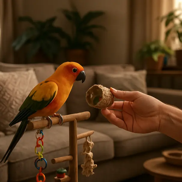 Un perroquet coloré sur un perchoir dans un salon, interagissant avec un jouet d'enrichissement tenu par le propriétaire.