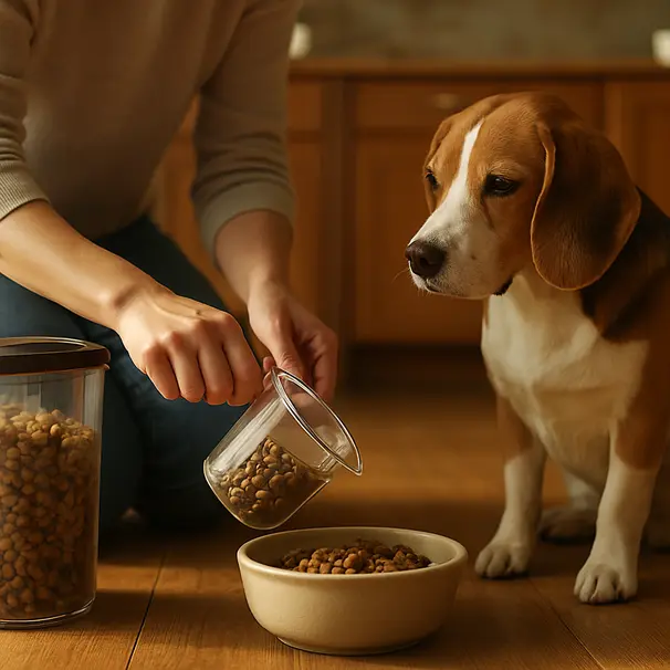 Pet carer measuring food for a beagle in a home kitchen, showing feeding routine and labeled food container.