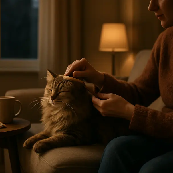 Pet carer gently brushing a long-haired cat on a sofa under soft lamplight, creating a calm grooming moment.