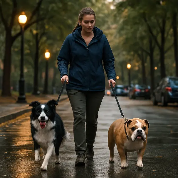 Pet carer walking a border collie and bulldog along a leafy city street in early evening with wet pavement.