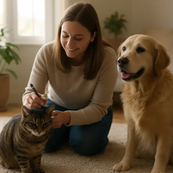 Pet carer gently checking a tabby cat and golden retriever in a bright living room while taking notes.