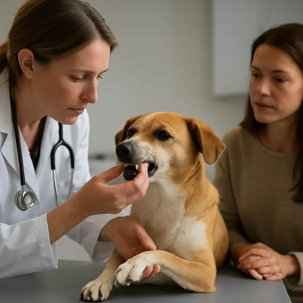 Veterinario che controlla denti e zampe di un cane di taglia media in clinica