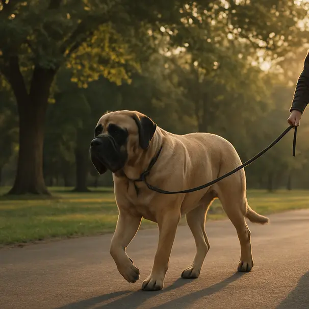 Cane di grossa taglia che passeggia lentamente nel parco al tramonto
