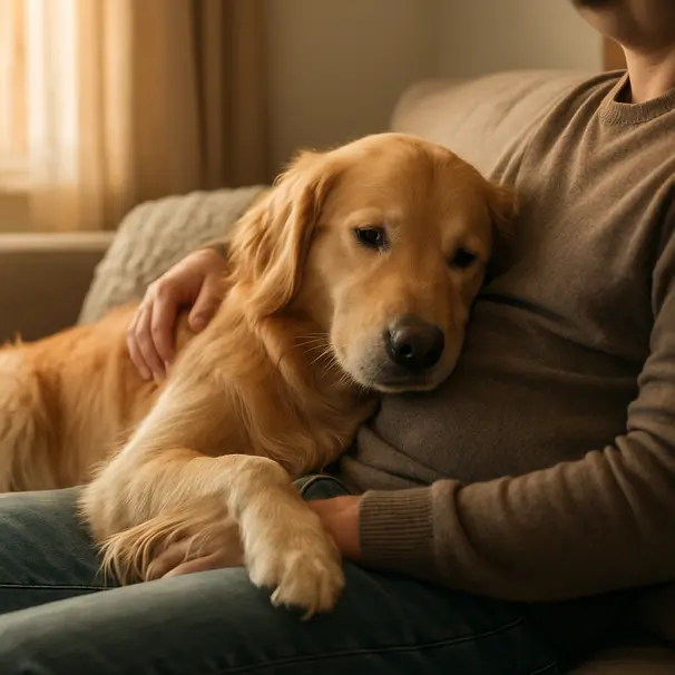 Un golden retriever si appoggia al proprietario sul divano in soggiorno illuminato dal sole, momento di intimità e relax