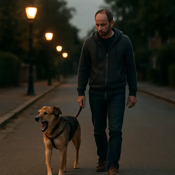 Un cane di razza mista mostra segnali di calma durante una passeggiata serale con un dog walker su una strada tranquilla illuminata da lampioni