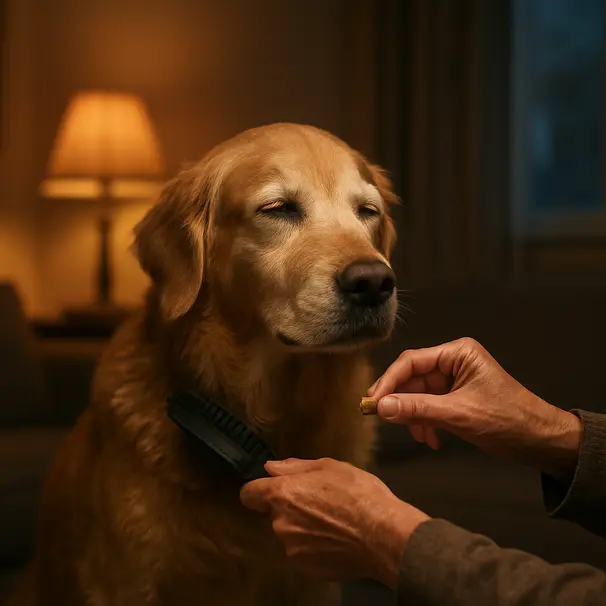 Un cane anziano riceve una coccola e un premio dal proprietario in casa al tramonto, scena intima e rilassata