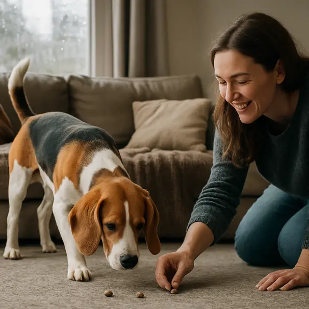 Beagle engaging in a scent treat hunt with a pet carer in a cozy living room on a rainy day, cushions and blankets visible.