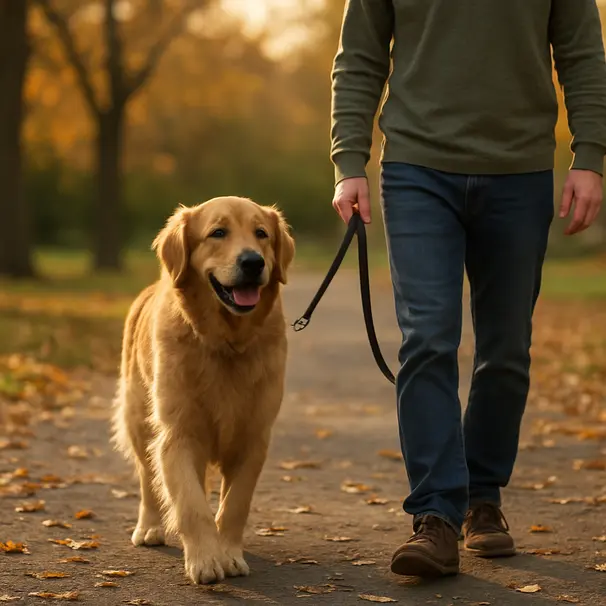 Golden retriever on a morning walk with its owner in a sunlit park, leash in hand, trees and pathway visible.