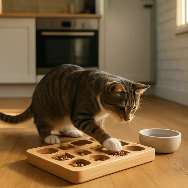 Indoor scene of a shorthaired cat eating from a puzzle feeder on a wooden floor near a water bowl in a sunlit kitchen.